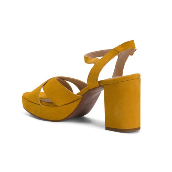 HELENE ROUGE Yellow Made In Spain Suede X-band Block Heel Sandals - Picture 2 of 2